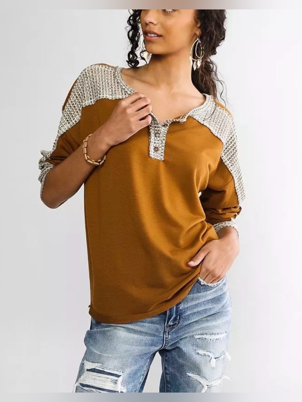 Mystree Raw Edge Pieced Henley Size Large